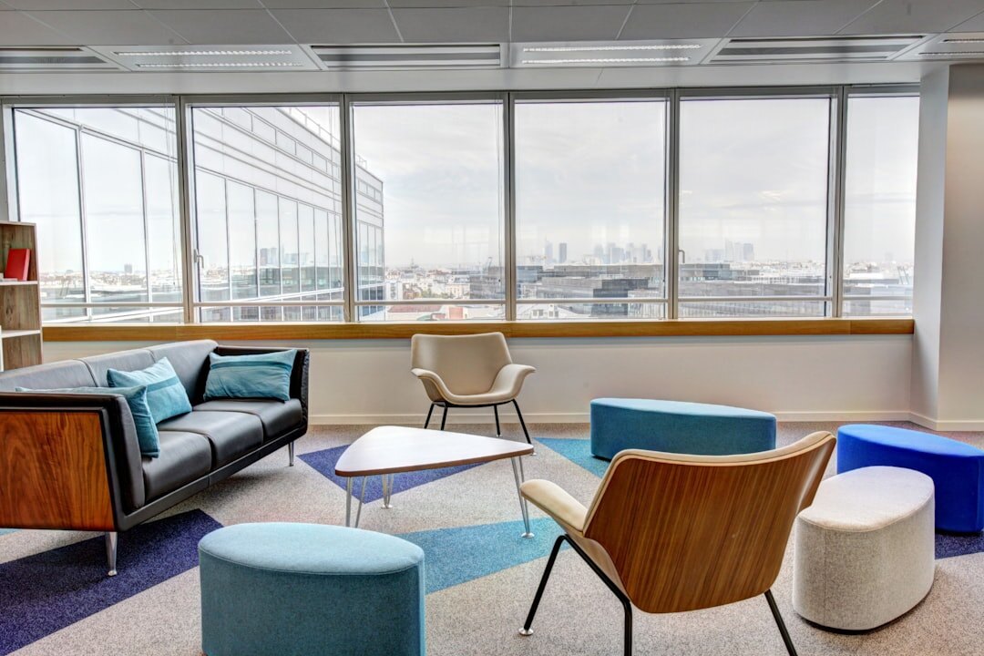 Modern bright office space with large windows
